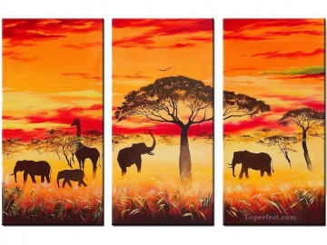 Elefanten unter Bäumen im Sonnenuntergang afrikanisch Ölgemälde